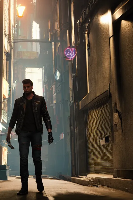 Image similar to a detailed full bodied 3 d render of an extremely handsome jensen ackles as time traveler walking down a dark alley in cyberpunk 2 0 7 7, holding a milkor mgl grenade launcher, aetherpunk, volumetric lighting, octane render, 8 k, art by greg rutkowski and albert bierstadt and alphones mucha