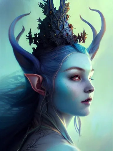 Image similar to the elven queen with blue skin by james jean, charlie bowater, tom bagshaw, nikolay makovsky : : enchanting, ethereal, magical, portrait, character design, illustration, hyperrealism, photorealism, digital art, concept art, fantasy, whimsy, weta, wlop, artstation