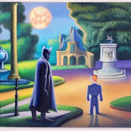 Image similar to batman and sherlock holmes discover a portal to another universe within the luxembourg gardens in paris. a magical moon glows in the sky. oil painting in the style of thomas hart benton. cosmic vibes.