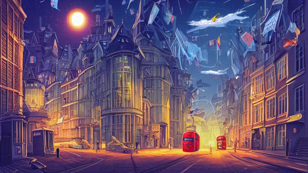 Prompt: street view of london city at night by cyril rolando and naomi okubo and dan mumford and zaha hadid. flying cars. advertisements. elegant lamps. double decker bus.