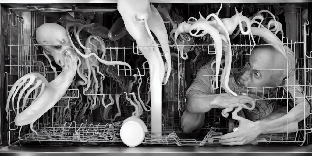 Prompt: a man constructed from the parts of a broken dishwasher. he is crouching inside a refrigerator and a squid is emerging from his gaping torn mouth