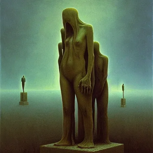 Image similar to highly detailed dystopian surreal painting of eerie statues and buildings by zdzisław beksinski