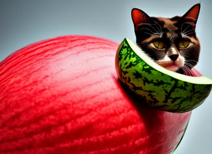 Image similar to photo of a cat wearing a helmet made of a watermelon. fantasy horror style. highly detailed 8 k. intricate. lifelike. soft light. nikon d 8 5 0 5 5 mm. dof. cinematic post - processing.