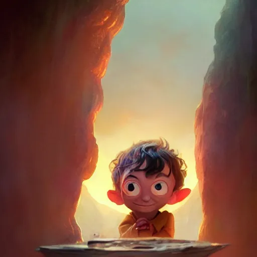 Image similar to a wholesome animation key shot of cute frodo, gollum and sam from lord of the rings, colorful, pixar and disney animation, sharp, very detailed, high resolution, key art by greg rutkowski, bloom, dramatic lighting