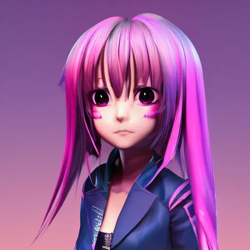 Prompt: portrait of a anime and chibi very cute girl with purple jacket design by antonio mello, xkung work, cyberpunk fashion, character modeling, toy design, substance 3 d painter, blender, mental ray, zbrush, soft vinyl, bio luminescent, maximalist sculpted design portrait, studio photo, 7 0 mm lens, trending in artstation