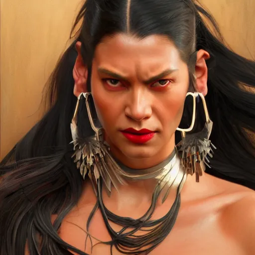 Image similar to detailed oil portrait of tall hyper - muscular shining bronze - skinned warrior woman with silver eyes, with long wavy flowing black hair and big gold earrings, jewelry, red lipstick, makeup, feminine, volumetric lighting, dynamic composition, art by sachin teng and sergey kolesov and ruan jia and heng z, scifi, concept art