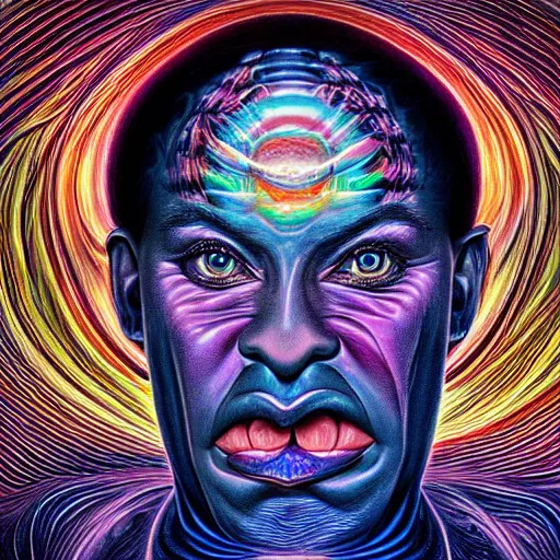 Prompt: photorealistic gerber baby as a dmt entity in the style of alex grey and michael whelan. hyperdetailed photorealism, 1 0 8 megapixels, amazing depth, high resolution, 3 d shading, 3 d finalrender, 3 d cinematic lighting, glowing rich colors, psychedelic overtones, artstation concept art.