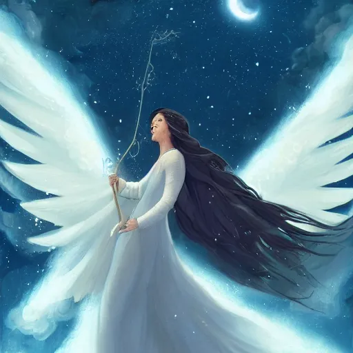 Prompt: The conceptual art features a woman with wings made of stars, surrounded by a blue and white night sky. The woman is holding a staff in one hand, and a star in the other. She is wearing a billowing white dress, and her hair is blowing in the wind. by Andreas Rocha random