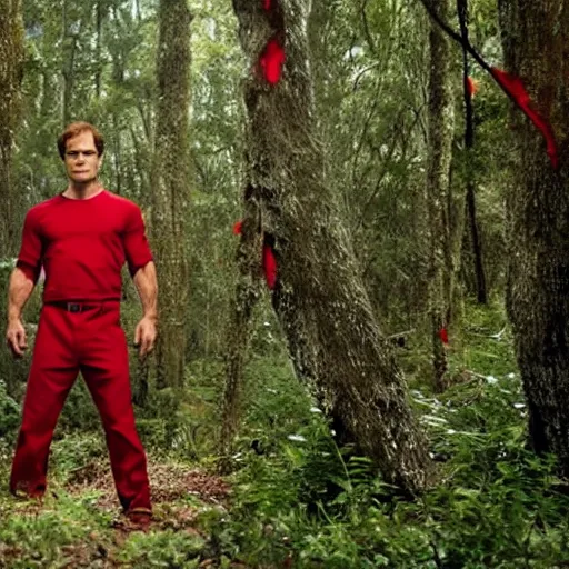 Prompt: Dexter Morgan dressed in red, hiding in the bushes, dreamy landscape