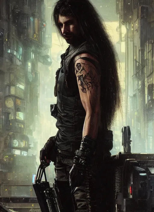 Prompt: long hair vampire. cyberpunk mercenary in a military vest ( blade runner 2 0 4 9, cyberpunk 2 0 7 7 ). orientalist portrait by john william waterhouse and james gurney and theodore ralli and nasreddine dinet, oil on canvas. cinematic, hyper realism, realistic proportions, dramatic lighting, high detail 4 k