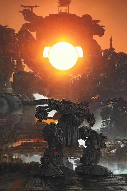 Image similar to A real photo of a Huge Mechwarrior and the sunset in the distance, by Josan Gonzalez, Yoji Shinkawa and Geof Darrow, highly detailed, Unreal Engine Render, 3D, 8k wallpaper