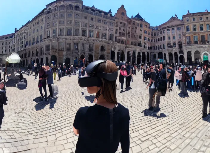 Prompt: a city square and everyone in the city square is wearing a vr headset ignoring each other