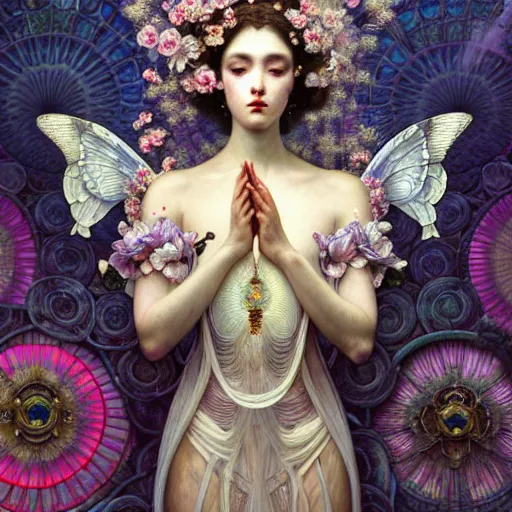 Prompt: a beautiful empress, intricate, elegant, hyper detailed, finely detailed beautiful angelic symmetry face delicate, smooth, sharp focus, award - winning, masterpiece, in bloom greenhouse, shining light came in through the window, style of tom bagshaw, cedric peyravernay, peter mohrbacher, louis comfort tiffany, victo ngai, 4 k hd illustrative wallpaper