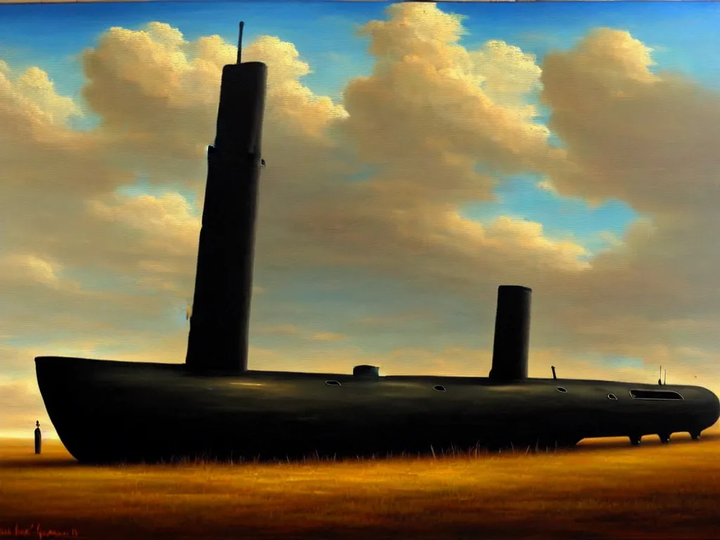 Prompt: an old oil painting of a gothic submarine in a great steppe, trending on artstation