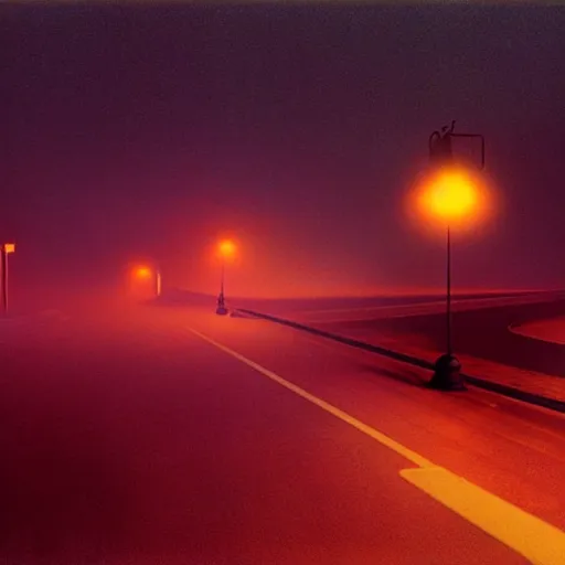 Image similar to A stunningly beautiful award-winning 8K high angle cinematic movie photograph of a foggy intersection in an abandoned 1950s small town at night, by Edward Hopper and David Fincher, cinematic lighting, perfect composition, moody low key volumetric light.