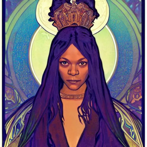 Prompt: zoe saldana portrait by louis - theophile hingre and alphonse mucha, realistic, sharp focus, zodiac signs, tarot cards, planets, ethereal, art nouveau, magic, moon, sun, crown, dreamy, royal, jewellery