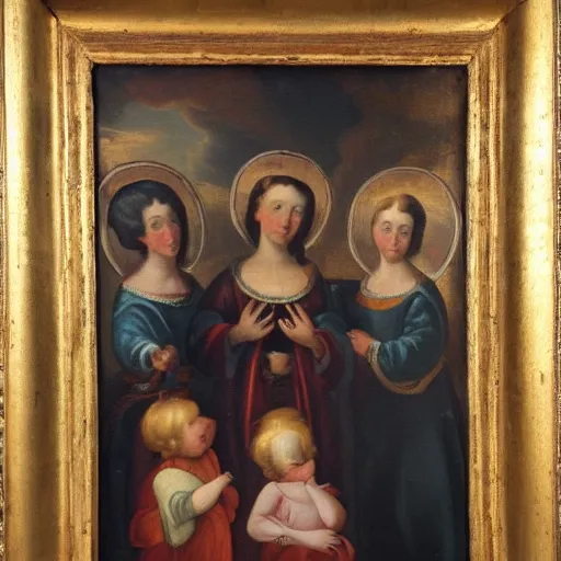 Image similar to 1 8 th century painting of 3 mary's, and 2 angels in the background