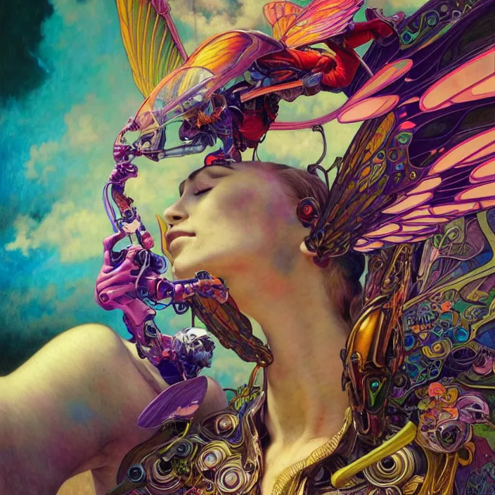 Prompt: bright psychedelic portrait of organic skydiving cyborg with wings, diffuse lighting, fantasy, intricate, elegant, highly detailed, lifelike, photorealistic, digital painting, artstation, illustration, concept art, smooth, sharp focus, art by John Collier and Albert Aublet and Krenz Cushart and Artem Demura and Alphonse Mucha