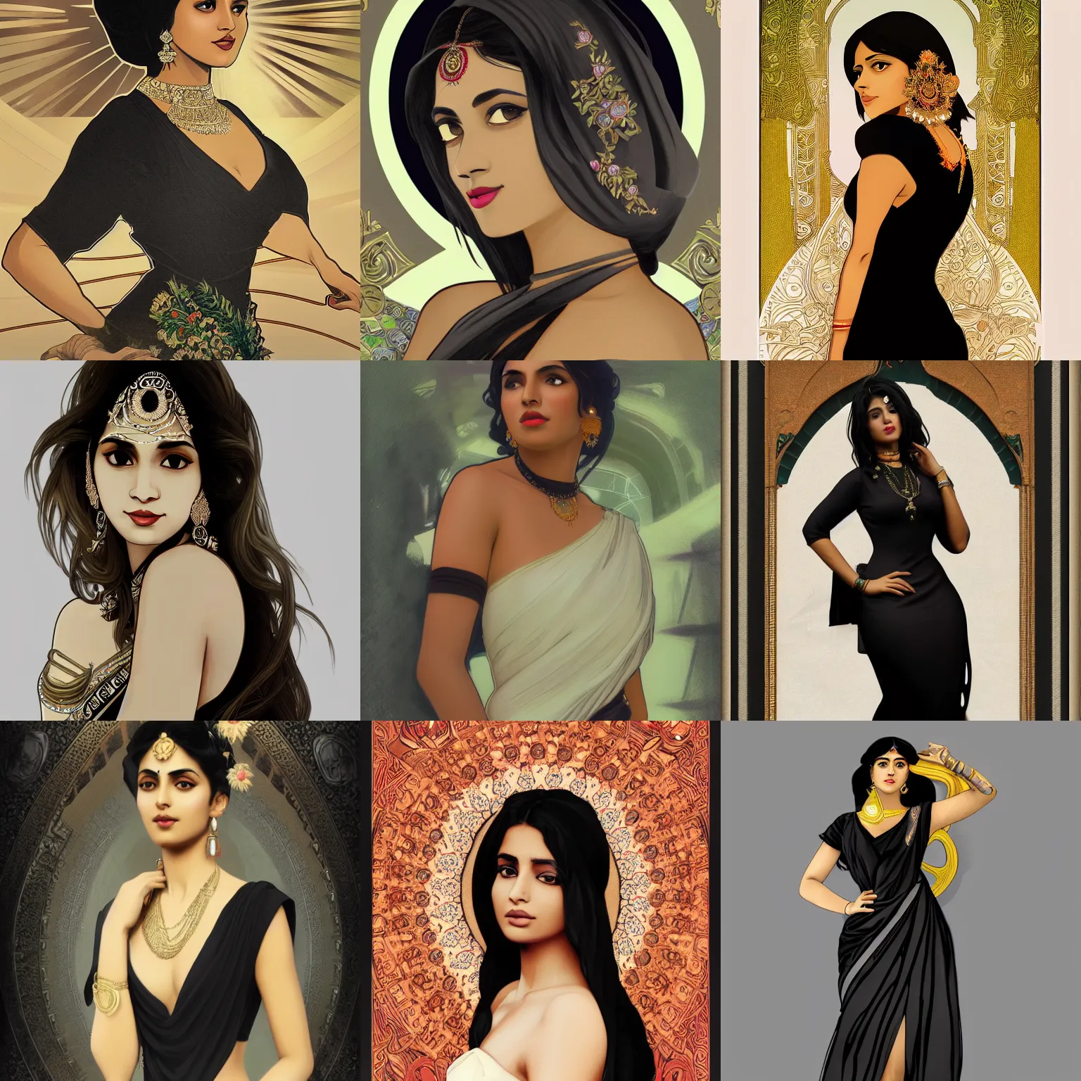 Prompt: beautiful south asian woman in a black cutout dress with white trim, as seen on artgerm, octane render, in the style of alphonse mucha, ultra realistic, highly detailed, 8 k