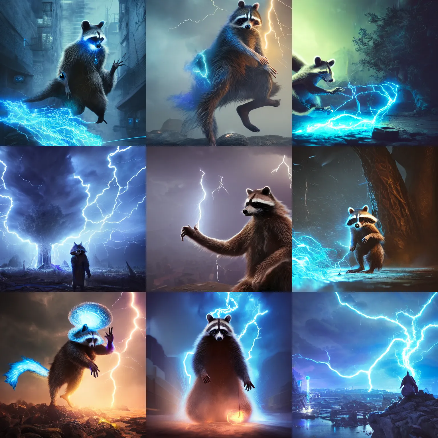 Prompt: racoon wizard conjuring up a lightning storm, blue, intricate detail, volumetric lighting, epic composition, hyper detailed, ultra realistic, sharp focus, octane render, volumetric, ray tracing, artstation trending, cgsociety, sense of awe, 4 k