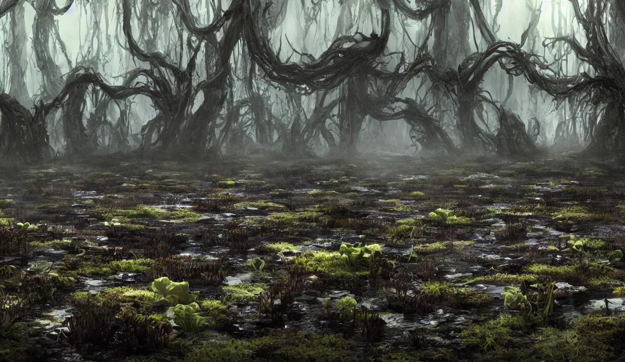 Prompt: monstrous hungry lush carnivorous plants growing from bubbling peat bog, murky water, reflections, contrasting light, attention to detail, dark and dramatic atmosphere, volumetric fog, raytracing, back light, raymarching, by ilm, by digital domain, by weta digital