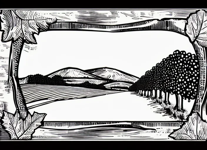 Image similar to wine label template, vector graphic, linocut vineyard landscape by greg rutkowski, fine details, highly detailed