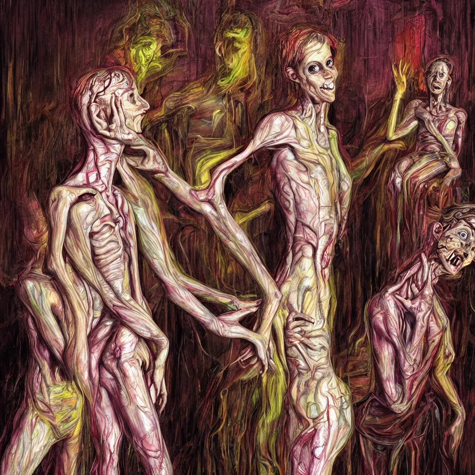 Prompt: bright psychdelic realistic anorexic cult turning into gods and deamons and smiling franticly, old apartment, rotten flesh, diffuse lighting, fantasy, intricate, elegant, highly detailed, lifelike, photorealistic, digital painting, artstation, illustration, concept art, smooth, sharp focus, art by francis bacon and jenny saville