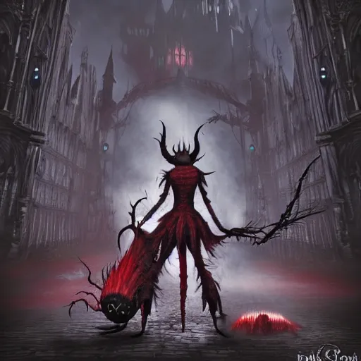 Image similar to ladybug as a monster, fantasy art style, scary atmosphere, nightmare - like dream bloodborne