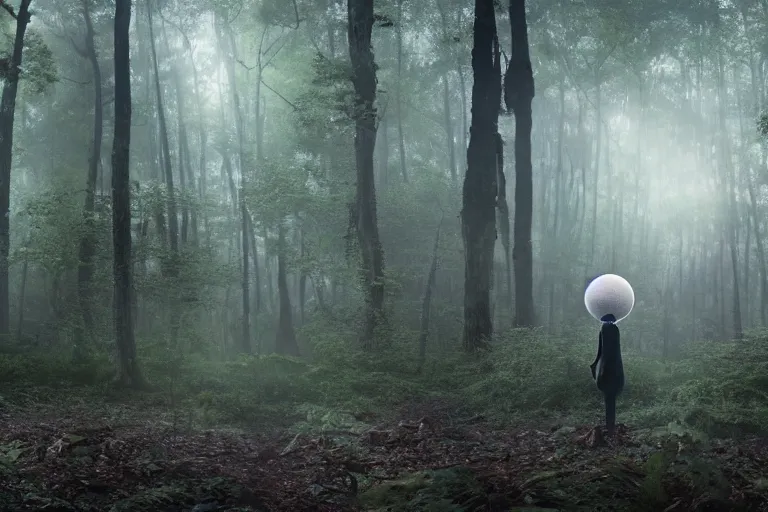 Image similar to a tourist visiting a complex organic fractal 3 d ceramic sphere floating in a lush forest, foggy, cinematic shot, photo still from movie by denis villeneuve