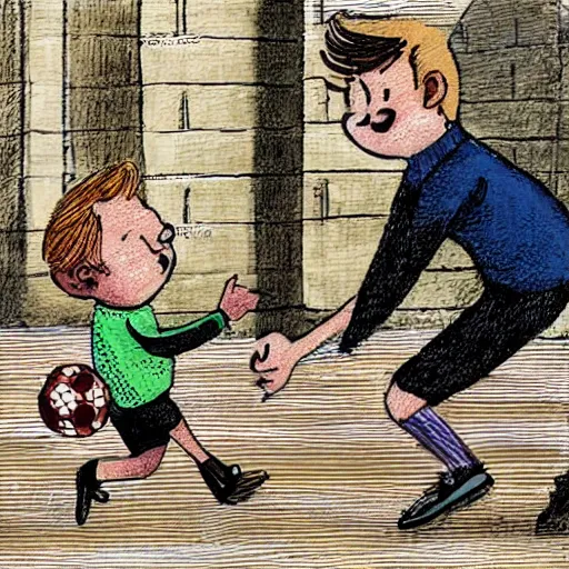 Image similar to illustration of french boy in paris playing football against a corgi, the corgi is wearing a polka dot scarf