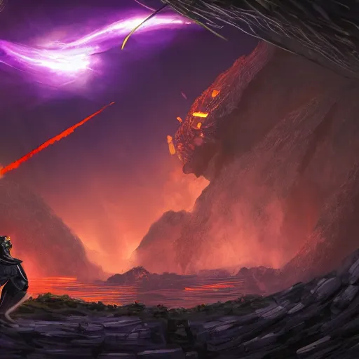 Prompt: a duel between 2 ninjas standing in the ruins of crux prime, purple fiery maelstrom in the distance, digital art, artstationhq