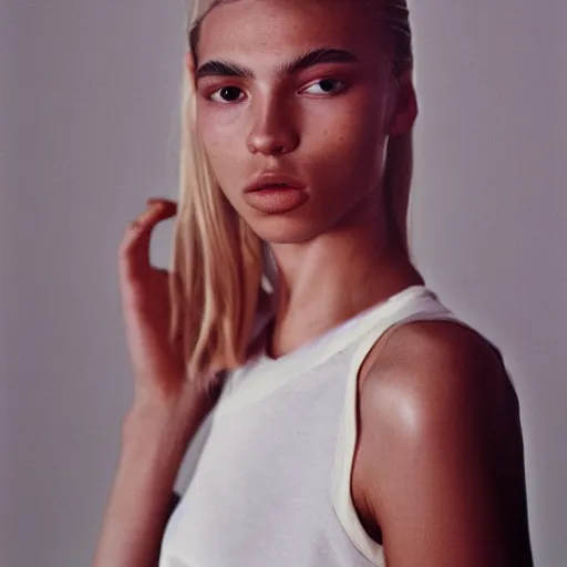 Image similar to realistic photoshooting for a new balenciaga lookbook, color film photography, portrait of a blonde european model, in style of tyler mitchell, 3 5 mm,