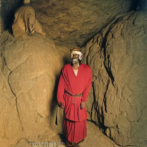 Prompt: 3 5 year old man in ancient canaanite clothing surrounded by ferocious lions. cave interior background. ektachrome photograph, volumetric lighting, f 8 aperture, cinematic eastman 5 3 8 4 film