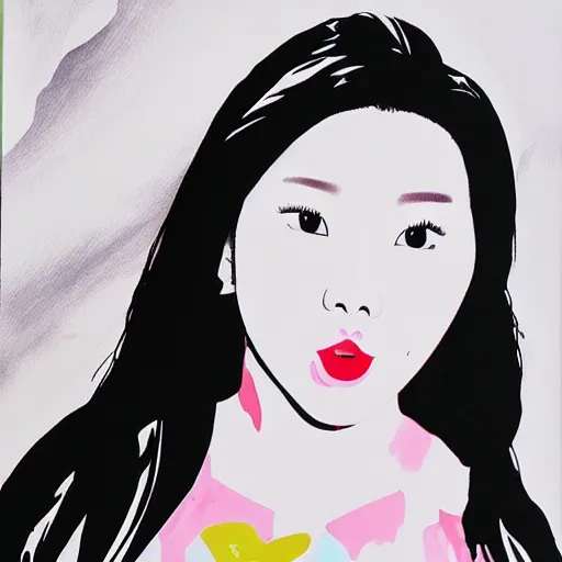 Image similar to popart painting of Hwasa. Mamamoo beautiful singer talented woman. FULL BODY WOMANLY FIGURE. Full body popart cute face.