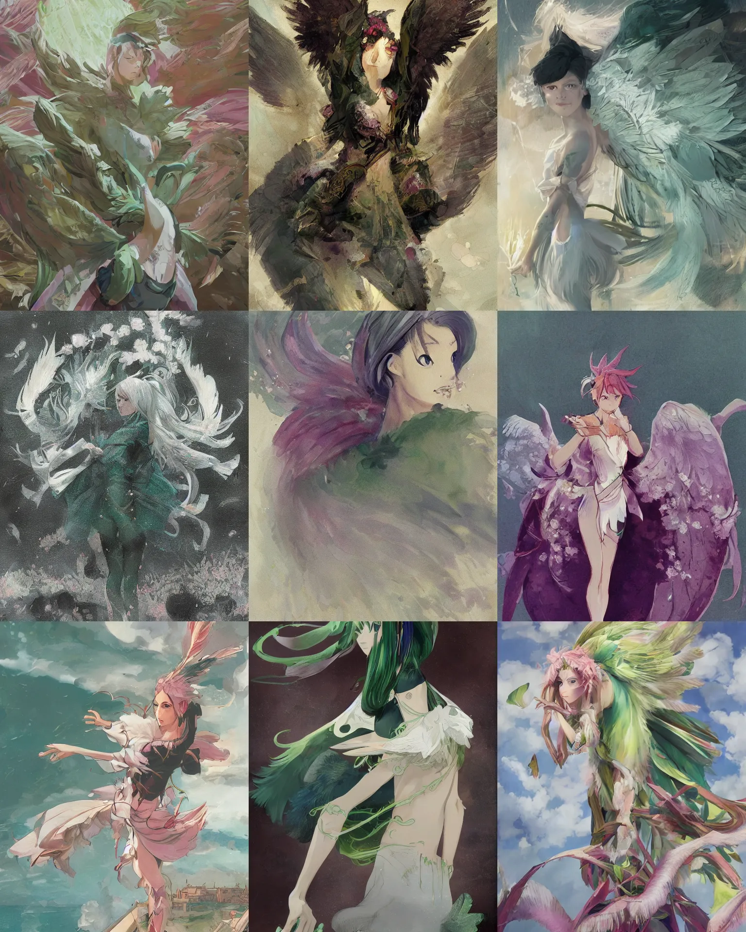 Image similar to happy young woman with wings, medium length pink hair, green feathers on arms, detailed perfect face, exquisite details, mid view, design on a black background, by studio muti, greg rutkowski makoto shinkai takashi takeuchi studio ghibli
