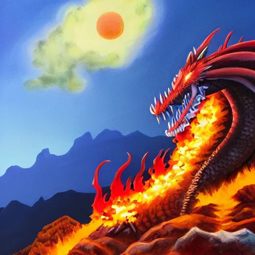 Image similar to a very detailed painting of a crimson dragon spitting out hot blue flames out of it's mouth while on top a mountain under the beautiful setting sun