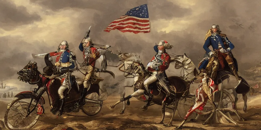 Image similar to George Washington rides a motorcycle to attack the British army in the revolutionary war, epic, cinematic, concept Art, detailed, 4K