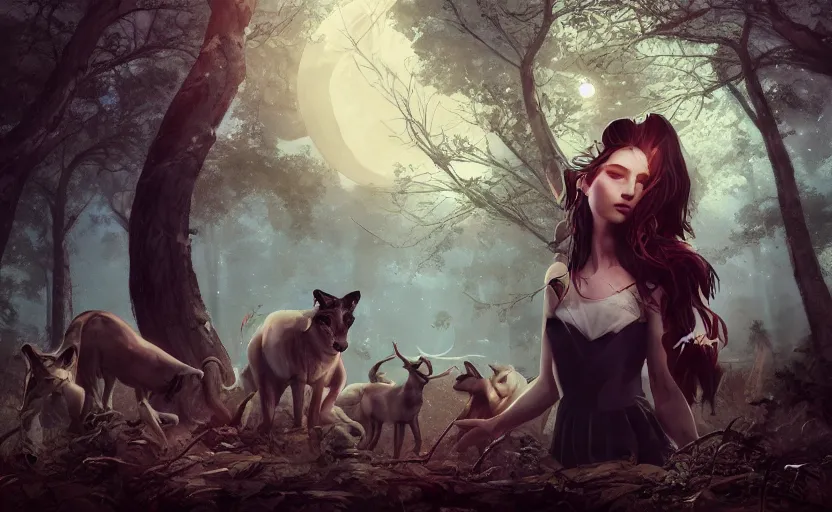 Image similar to Greek Goddess Artemis in moonlit forest with animals, medium shot portrait by loish and WLOP, octane render, dynamic lighting, asymmetrical portrait, dark fantasy, trending on ArtStation