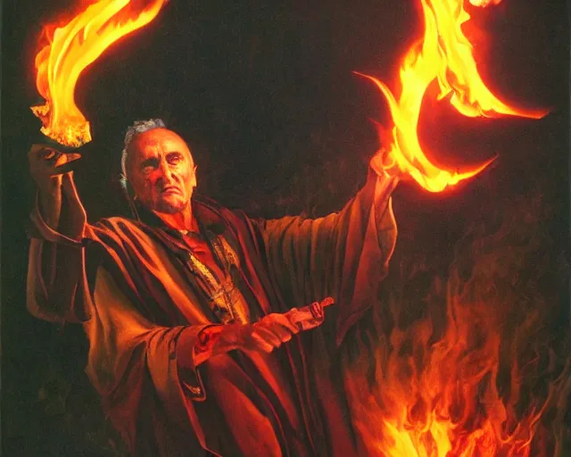 Image similar to dennis hopper as a powerful fire mage casting a flame spell, fantasy art, extremely detailed, high quality, award - winning,