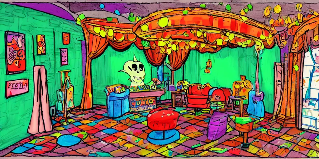 Prompt: a dimly lit, colorful, theater dressing room, made of candy, day of the tentacle style, drawn by Peter Chan