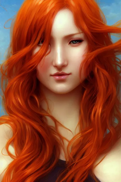 Image similar to nami, long orange hair, brown eyes, digital art from artstation by artgerm and william - adolphe bouguereau