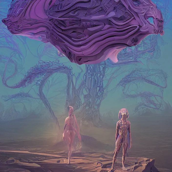 Image similar to tilda swinton, science fiction, extremely detailed, sharp focus, pastel colors, intricate, beautiful, illustration, volumetric lighting, digital painting, by roger dean, by simon stalenhag, by alex grey