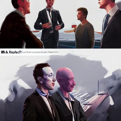 Image similar to portrait of meeting between elon musk, mark zuckerberg, jeff bezos, very detailled, art contest winner on behance, trendy on deviant art, by by artgem, greg rutkowski