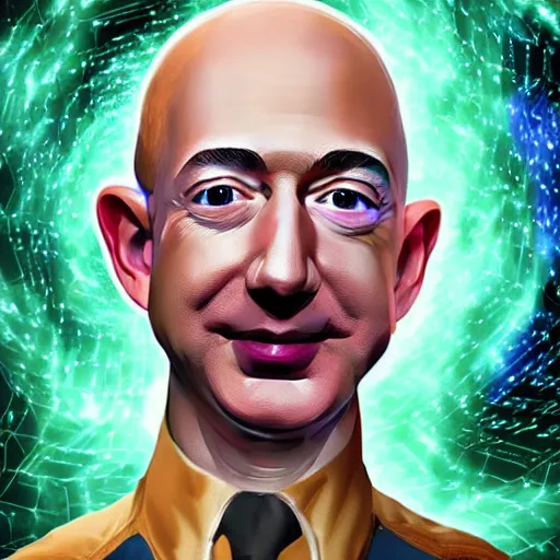 Image similar to Jeff Bezos as a terrifying cosmic horror with a thousand tentacles coming from his eyes and cracks in his head with a cosmic background. Epic digital art