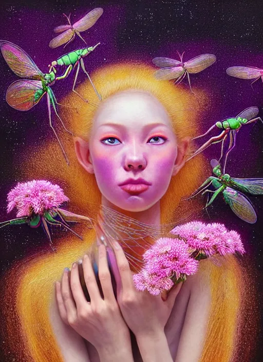 Image similar to hyper detailed 3d render like a Oil painting - kawaii portrait Aurora (gold haired Singer Praying Mantis Dragonfly) seen Eating of the Strangling network of yellowcake aerochrome and milky Fruit and Her compund eyes delicate Hands hold of gossamer polyp blossoms bring iridescent fungal flowers whose spores black the foolish stars by Jacek Yerka, Mariusz Lewandowski, Houdini algorithmic generative render, Abstract brush strokes, Masterpiece, Edward Hopper and James Gilleard, Zdzislaw Beksinski, Mark Ryden, Wolfgang Lettl, hints of Yayoi Kasuma, octane render, 8k