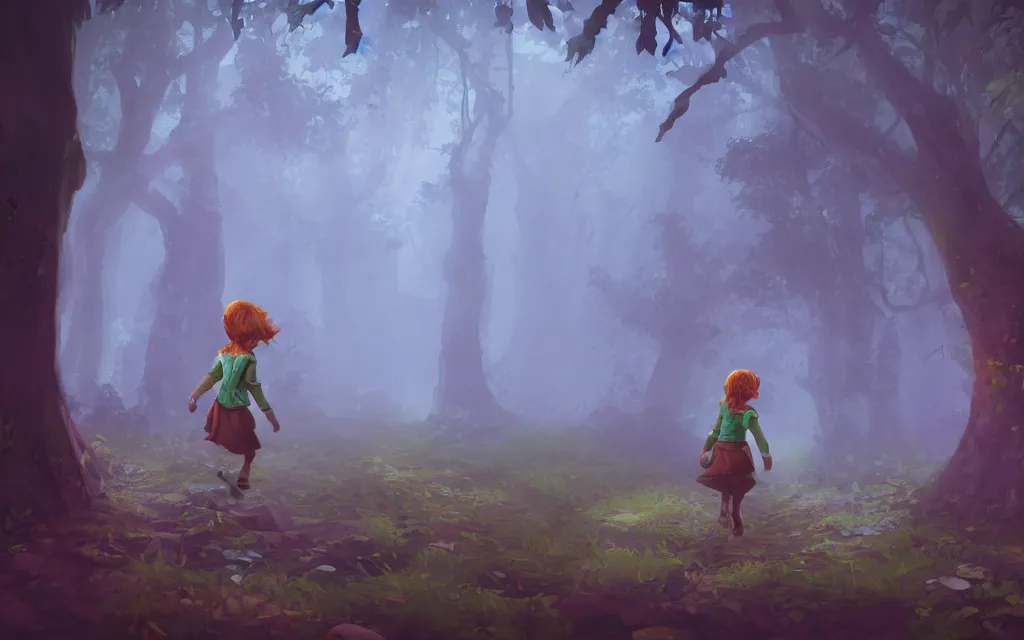 Image similar to little girl walking in an ancient forest, complementary colors, ruins, fantasy art, indie game art, dynamic lighting, artstation, mucha, volumetric lighting