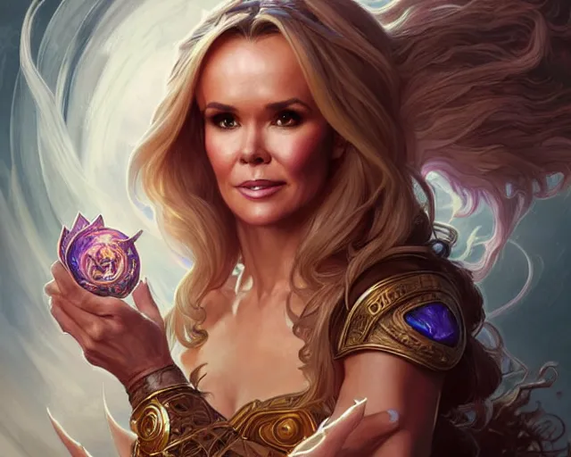 Image similar to amanda holden as a sorceress, deep focus, d & d, fantasy, intricate, elegant, highly detailed, digital painting, artstation, concept art, matte, sharp focus, illustration, hearthstone, art by artgerm and greg rutkowski and alphonse mucha