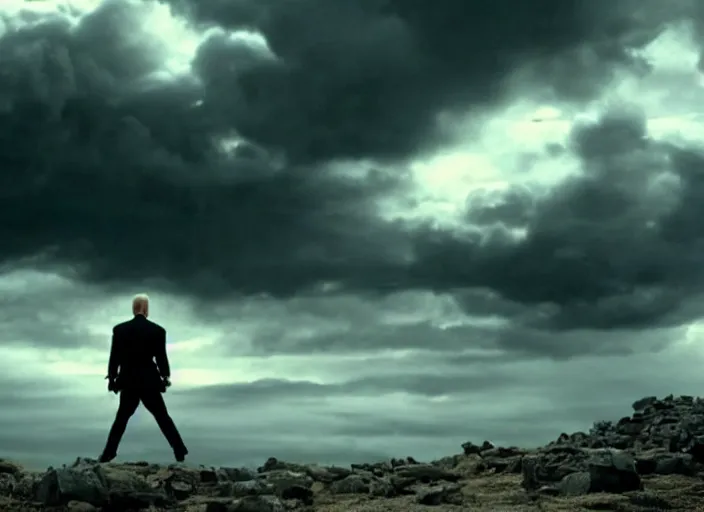 Image similar to cinematic film still of joe biden as leonidas shouting in 3 0 0 movie, 8 k, epic moody sky, dramatic lighting