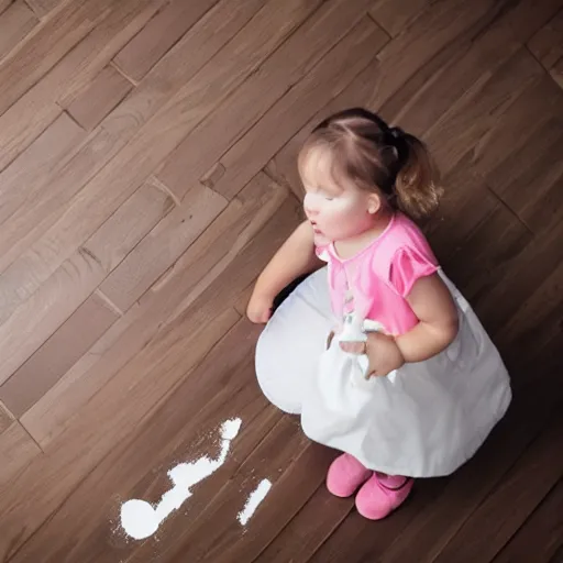 Prompt: a little toddler girl making a mess on floor