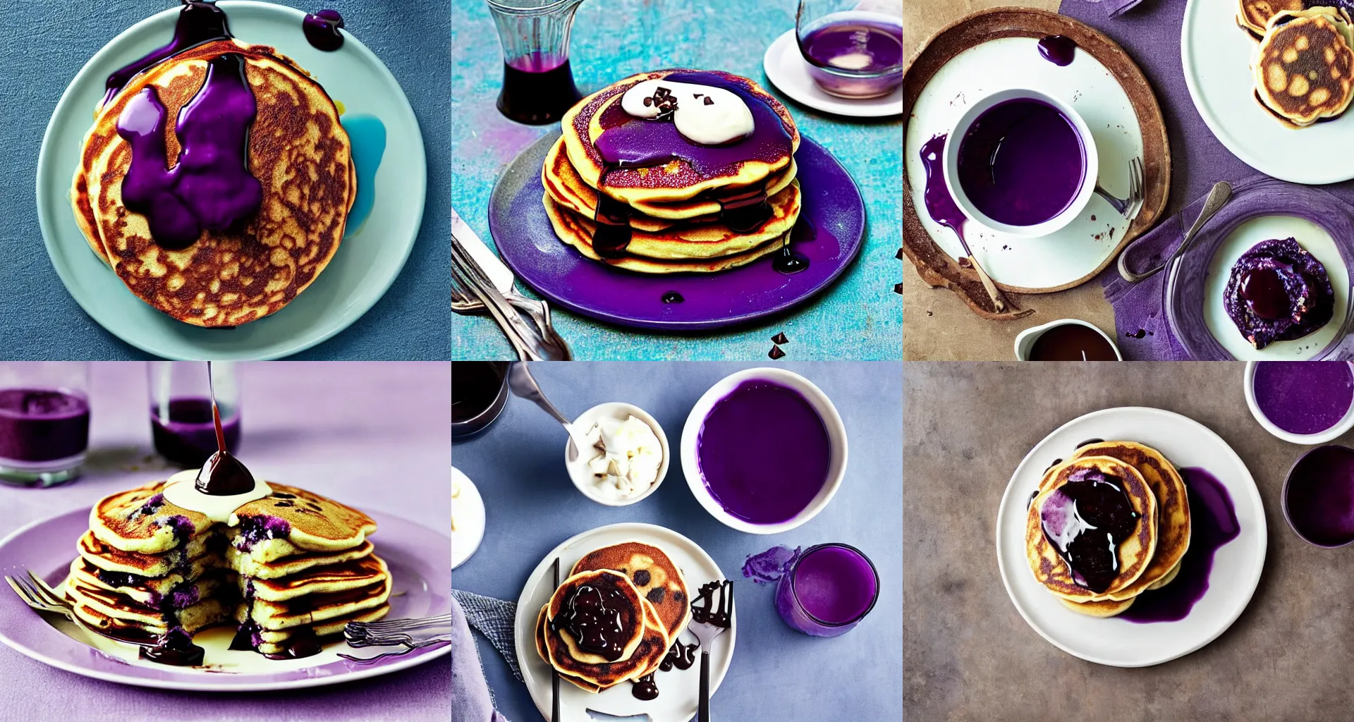 Prompt: chocolate chip pancakes with purple syrup, award-winning photograph from cooking magazine